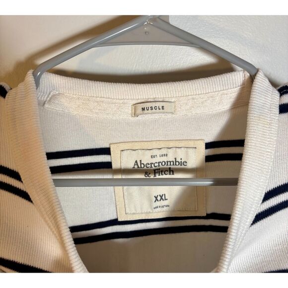Abercrombie & Fitch Men’s Long Sleeve Striped Crewneck Shirt White Navy Muscle F - Picture 3 of 5